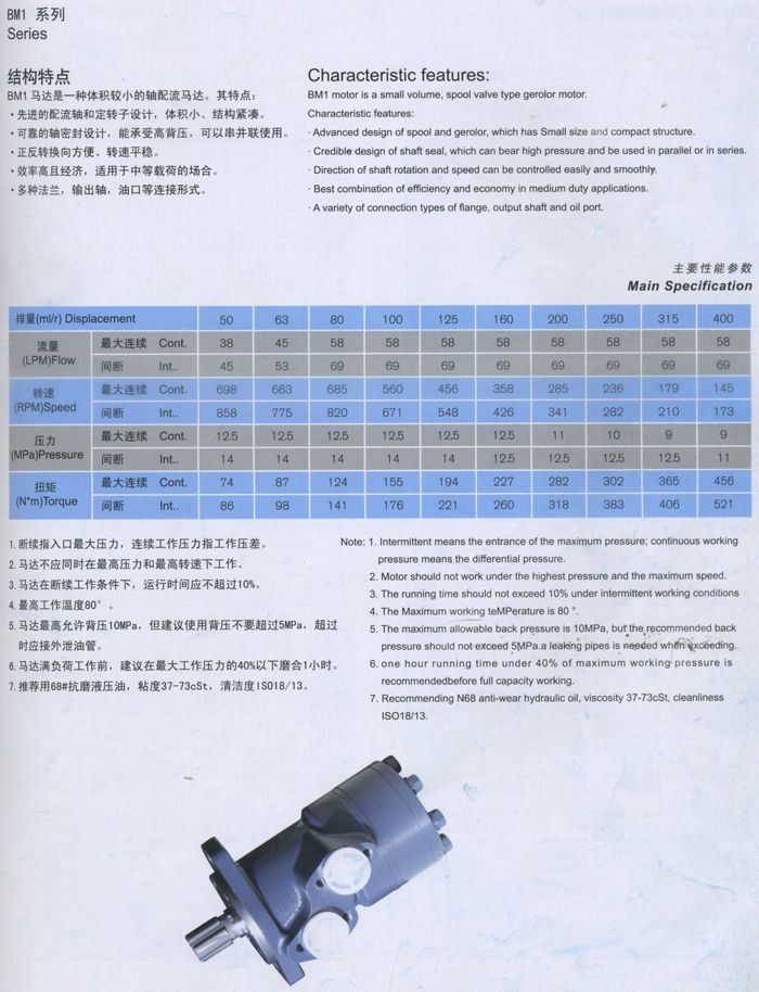 BM1擺線液壓馬達主要性能參數